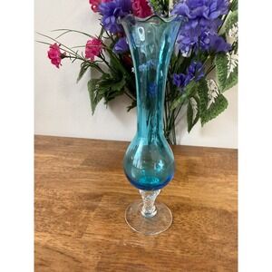 Vintage Teal Blue Glass‎ Vase Ruffled Rim Twisted Stem Mid Century Style